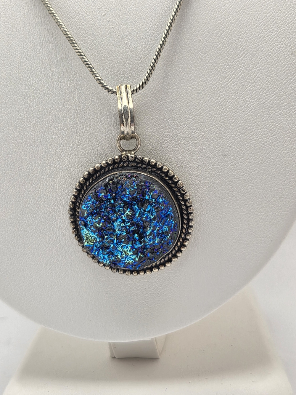 Solid 925 Sterling Silver Iridescent Blue Drusy Agate Pendant Necklace 18"